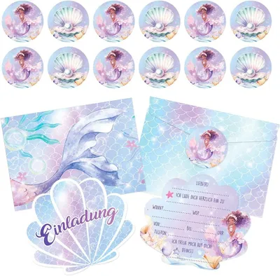 Produktbild von Einladungskarte 12er Set Meerjungfrau Einladungskarten, Meerjungfrau Einladungen mit Umschlägen, Geburtstagseinladungskarte für Kinder mit Tiermotiv,