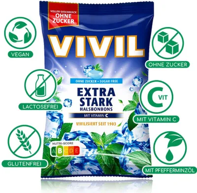 Obrázek produktu pro Vivil bonbóny do krku extra silné bez cukru s vitamínem C 120g