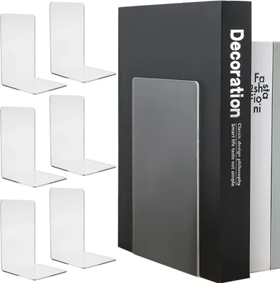Produktbild von Buchstütze aus Acryl 6er Pack 18,5x12x12 cm |Bücherhalter Organzier für Büro und Zuhause Regal |Glasklares Acryl im stilvollen Design möbelschonend |21745