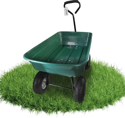 A green garden cart on a patch of grass against a white background.