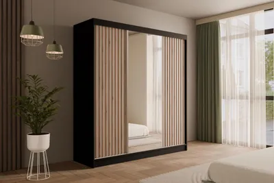 Produktbild von ALTDECOR Kleiderschrank mit Spiegel und Schiebetüren, Garderobenschrank mit Lamellentüren Schwebetürenschrank mit Lamel, Schrank V2-ZENTI 215x200 cm Schwarz/Weiß
