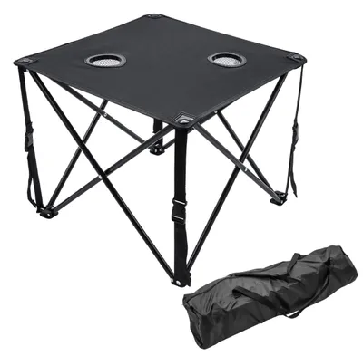 Produktbild von Campingtisch ultraleicht mit 2 Getränkehaltern - 48 x 48 cm - Outdoor Klapptisch schwarz inklusive Tragetasche