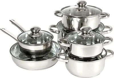 Produktbild von BURI Edelstahl Kochtopfset 12-tlg. mit Glasdeckel Topfset Kochtopf Suppentopf Pfanne