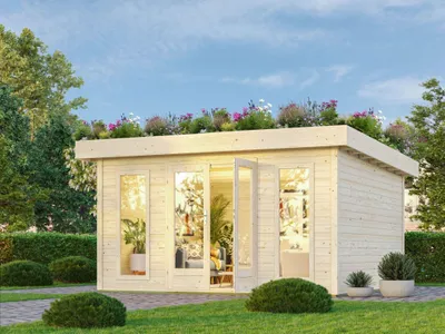 Produktbild von Gartenhaus Holz 38mm Blockbohlenhaus Gerätehaus Lotus Gründachhaus naturbelassen 397x397x238 cm