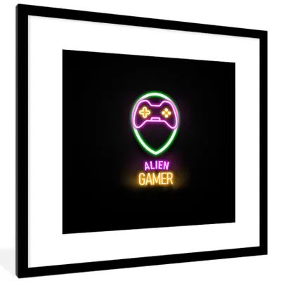 Produktbild von MuchoWow® Gerahmtes Poster Gaming - Zitate - Neon - Alien-Gamer - Controller 40x40 cm - Poster mit Schwarzem Bilderrahmen Wandposter Rahmen Foto Bilder - Poster - Plakat im Rahmen