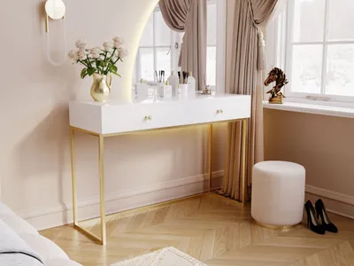 Produktbild von GrainGold Konsolentische Belleza - Schminktisch mit Schubladen - Schlafzimmer Frisiertisch - Weißglanz mit goldenen Beinen
