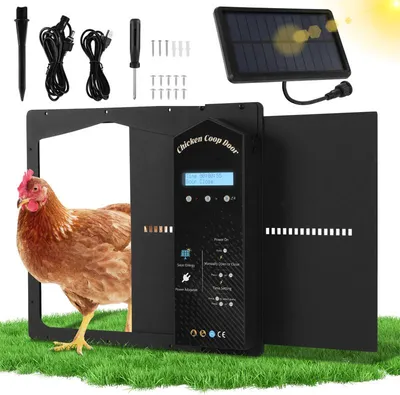 Obrázok produktu pre Bettizia Automatické dvierka pre kurčatá Hliníkové solárne čierne, časové ovládanie, vodotesné IP65, elektrické dvierka pre kurčatá so svetelným senzorom, LCD displejom, časovačom, diaľkovým ovládaním