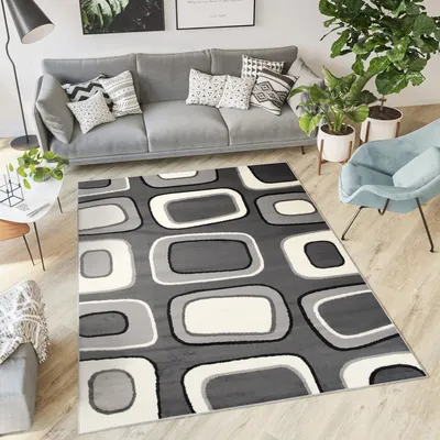 Obrázok produktu pre Koberec Obývacia izba Spálňa Krátky vlas Moderný dizajn Sivá Biela Čierna Čísla Kruhy Geometrické Jedáleň  300 x 400 cm