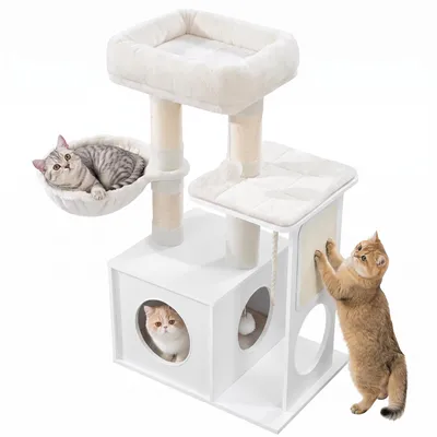 Produktbild von Katzebaum, Moderner Katzenbaum, 85 cm Hoch, mit 3 Kratzstämmen, Abnehmbarer, Waschbarer Matte, 1 Höhle, 2 Plattformen, 1 Katzenkorb, Sisalseil