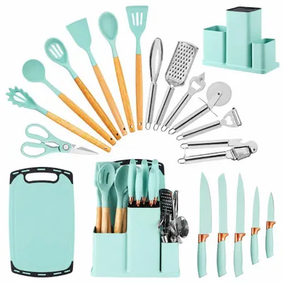 Produktbild von Küchenorganizer-Set Komplettset mit 20 Küchenhelfern für vielseitiges Kochen, Schonende Silikon-Küchenhelfer mit Holzgriffen & Messer im Set