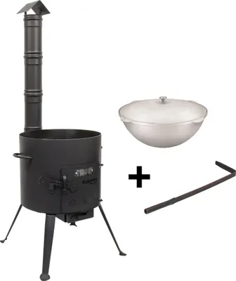Produktbild von SET Feuerofen Utschak Feldküche mit Schornstein Ø ca. 45 cm H: ca. 124 cm + Kazan WOK Aluguss 15 L