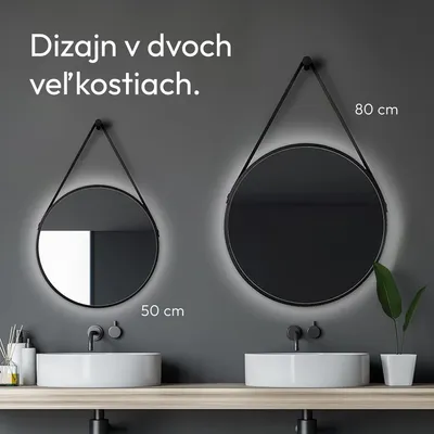 Obrázok produktu pre Nástenné zrkadlo s osvetlením Talos Black Light Ø 50 cm - závesný popruh v koženom vzhľade - svetlá farba neutrálna biela - vysokokvalitný matný čierny hliníkový rám - okrúhle kúpeľňové zrkadlo - osvetlené zrkadlo so svetelným rámom LED
