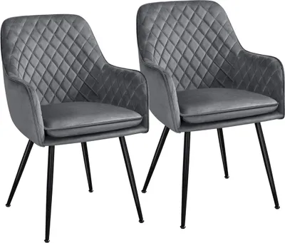 Two gray upholstered chairs with diamond-stitched backs and black metal legs are shown against a white background.