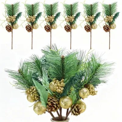 Image de Branches de sapin artificielles, aspect réaliste, feuillage de sapin artificiel avec baies et pommes de pin, lot de 6, décoration de Noël, branches de Noël, branche de sapin artificielle
