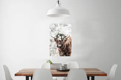 Produktbild von MuchoWow® Poster Schottisches Hochlandrind - Schwarz - Weiß - Blumen 60x90 cm - Wanddekoration