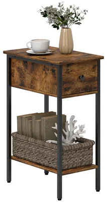 Productafbeelding van Bijzettafel met open vak en lade, nachtkastje, metalen poten, hout, bruin