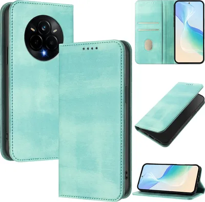 Produktbild von Handyhülle für Realme 14 Pro, Vintage Leder RFID Schutz Kartenfach Standfunktion Magnetische Klapphülle Türkis