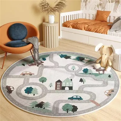 Produktbild von Rund Wohnzimmer Teppiche Spielteppich Kinderteppiche Auto Stadt Muster Teppich für Kinderzimmer, Durchmesser 120 cm