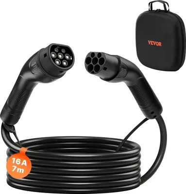 Zdjęcie produktu dla Kabel do ładowania VEVOR EV, 16 A, 7 m, maks. 11 kW, przedłużacz, kompatybilny z ładowarkami typu 2 do pojazdów elektrycznych, 3-fazowy prąd zmienny, 480 V, 50 Hz, IP65, kabel do ładowania samochodu z torbą transportową