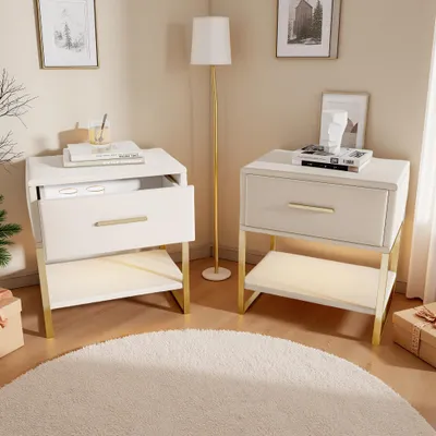 Produktbild von UnboxG Nachttisch 2er-Set mit 1 Schublade & Farbwechsel LED, modernes Schlafzimmermöbel, Beige, Samt