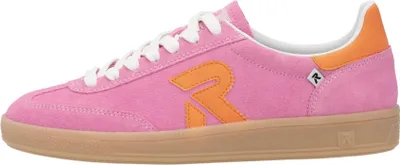 A side view of a pink sneaker with orange accents.