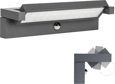 A dark gray LED outdoor wall light with a motion sensor is shown against a white background. A smaller inset image shows the adjustable angle of the light fixture.