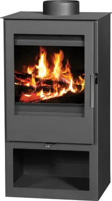 A dark gray wood-burning stove with a glass door showing a fire inside.