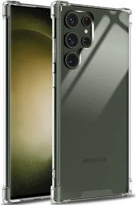 A clear protective case for a Samsung Galaxy S24 Ultra phone is shown, with the phone inside.