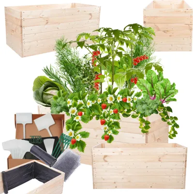 Produktbild von MODO24 Hochbeet Holz, Pflanzkasten, Massivholz, Kiefer, Kräuterbeet, Blumenkasten, Garten, Terrasse, 54x120x60 cm, Natur, ZP06