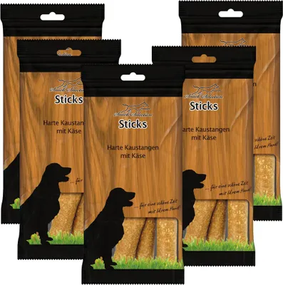 Multiple packages of dog treats arranged in a group.
