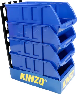 Produktbild von 4 Stapelboxen mit Aufhängeschiene von Kinzo Storage, Kunststoff, ca. 15 x 25 cm pro Box, blau