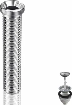 A close-up studio shot of a sink drain component and its accessories.
