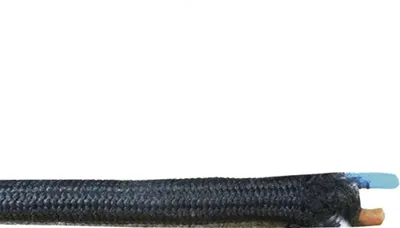 A close-up view of the end of a black braided extension cord, showing the exposed wires.