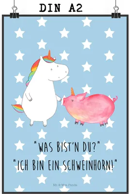 Produktbild von Mr. & Mrs. Panda Bild Einhorn Schwein DIN A2 - Blau Pastell - Geschenk, Plakat, grafikposter, Unicorn, Schweinchen, Freundin, drucke, Einhörner, wanddeko, Wandbild