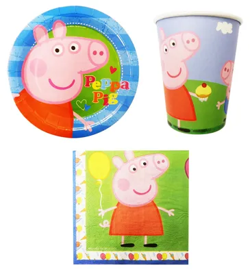 Produktbild von 32-teiliges Peppa Pig Party-Set inkl. Pappteller, Pappbecher und Papierservietten