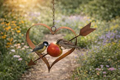 Produktbild von Herzförmige Vogel-Futterstelle aus Edelrost, Hängende Gartendekoration mit Apfelhalter rostige Gartendeko