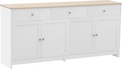 Image de Buffet/Commode - Armoire pour salon - 4 portes, 3 tiroirs - 160x37x75 cm - Panneau de particules MDF moderne - Blanc
