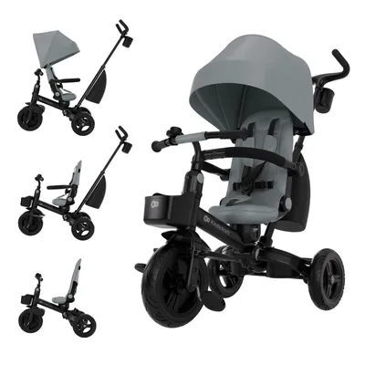 A collage of a gray and black Kinderkraft AVEO 2 PLUS 6-in-1 tricycle shown from different angles and configurations.
