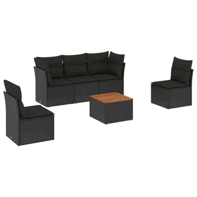 Produktbild von 6-tlg. Garten-Lounge-Set, modulares Outdoor-Sofa mit Akazienholz-Tisch, Poly Rattan Schwarz, UV-beständig, inkl. dicke Kissen mit waschbaren Bezügen