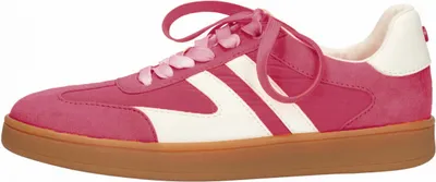 A side view of a pink sneaker with white stripes and a brown sole.