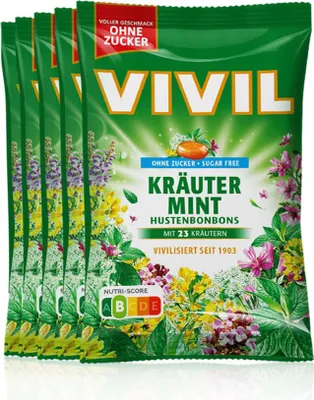 Produktbild von VIVIL Kräuter-Mint Hustenbonbons ohne Zucker | 5 Beutel x 120g