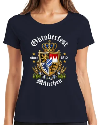 Obrázek produktu pro Bayern, erb, lev, koruna, pivo, chmel, slad, tradiční tričko, kožené kalhoty, dámské tričko, tmavě modrá, velikost S