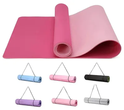 Zdjęcie produktu dla Mata do jogi - mata fitness - antypoślizgowa - powierzchnia o strukturze - TPE - 183 x 61 cm, 6 mm - z paskiem do przenoszenia - wielokolorowa