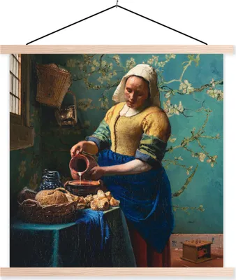 Produktbild von MuchoWow® Textilposter Milchmädchen - Mandelblüte - Van Gogh - Vermeer - Gemälde - Alte Meister 120x120 cm mit holzfarbenen Rahmen - Textil-Poster