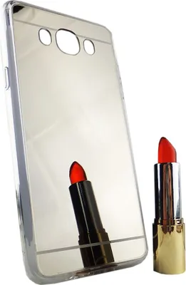A silver mirror-effect phone case and a red lipstick are displayed against a white background.