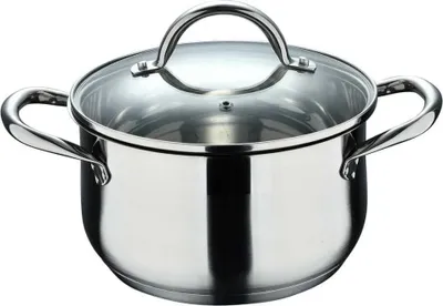 A stainless steel pot with a glass lid and handles, isolated on a white background.
