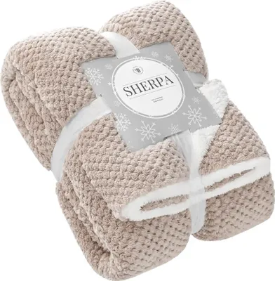 Zdjęcie produktu dla Koc Sherpa 150x200 cm Spod Igły i Nitki – mikrofibra 450 g/m², taupe (brąz+biały)