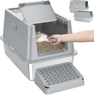 Produktbild von Grosse Katzenbox aus Edelstahl, XXL, grau, mit Deckel und Schaufel