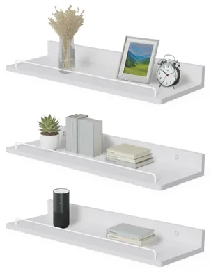 Image de Étagère murale, étagère suspendue, lot de 3, 14 x 40 cm, étagère à photos en bois, étagère murale pour chambre d'enfant, bibliothèque, décoration murale pour salon, chambre, salle de bains, cuisine (blanc)