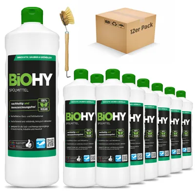Produktbild von BiOHY Spülmittel (12x1l Flasche) + Spülbürste | Frei von schädlichen Chemikalien & biologisch abbaubar | Glanz- & Fettlöseformel | Für Gastronomie, Industrie und Haushalt geeignet